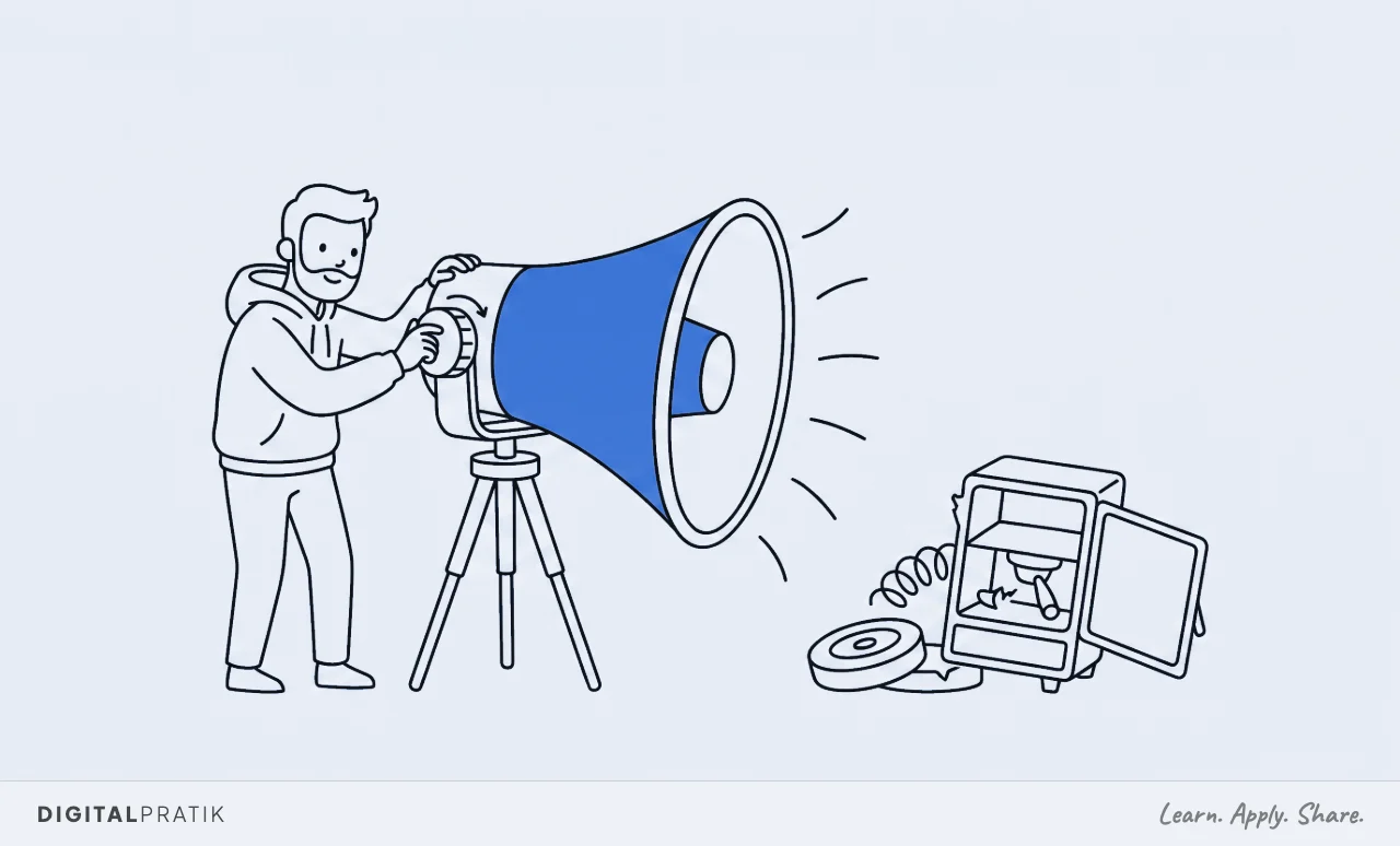 A line drawing of a man aiming an enormous yellow megaphone on a tripod at one small broken machine on the ground, which has a wheel fallen off and a panel hanging open.