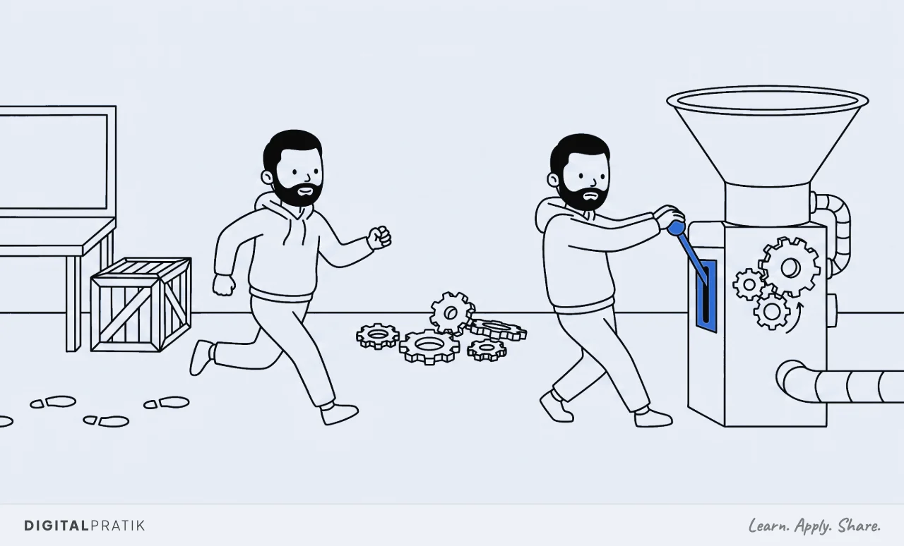 A line drawing of three workstations in a row. The first is an unopened crate and the second is a pile of loose gears, both untouched, while a man runs past them to the third, a finished funnel machine, and pulls its yellow start lever.