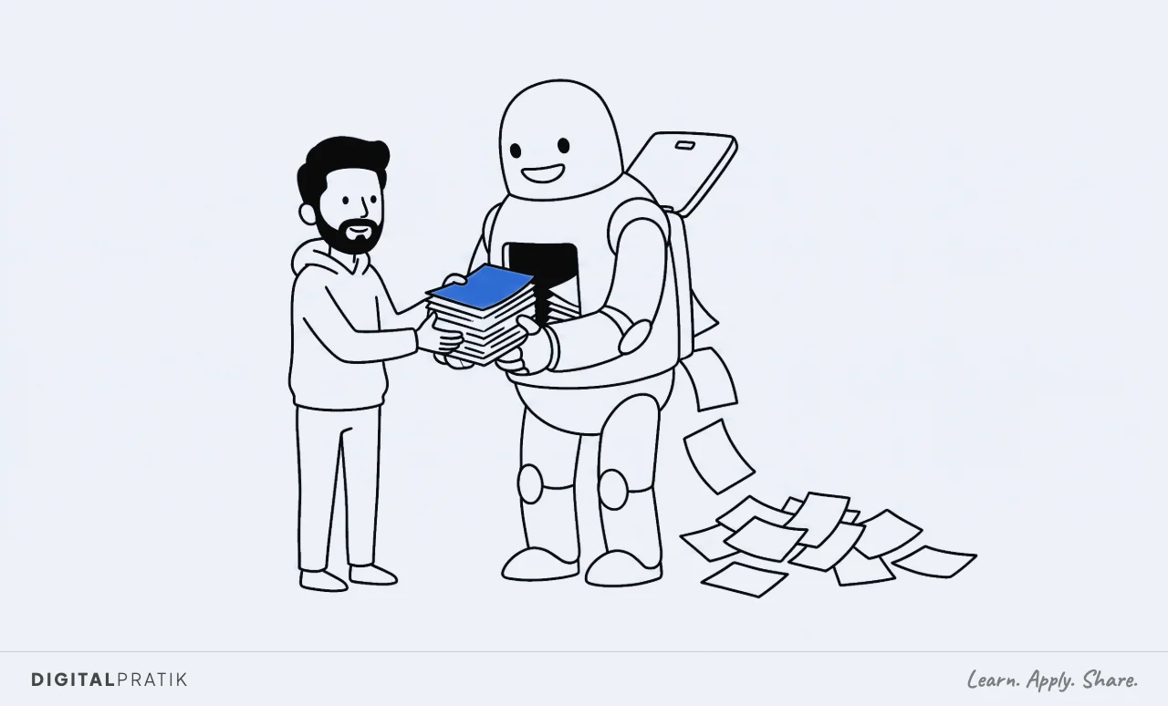 A line drawing of a man handing a thick stack of pages to a cheerful robot, while the pages fall straight through an open hatch in the robot's back and scatter across the floor behind it. One page still in his hand is yellow.
