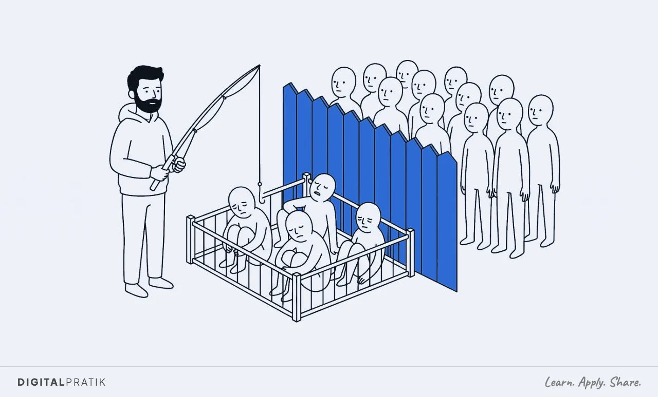 A line drawing of a man fishing into a small pen holding four tired figures, while a much larger crowd of twelve people stands on the far side of a tall blue fence, facing away and unreached.