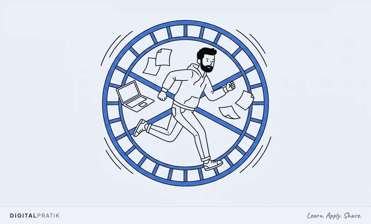 A line drawing of a man in a hoodie sprinting inside a large yellow hamster wheel that is spinning fast, with a laptop and loose sheets of paper tumbling around him.