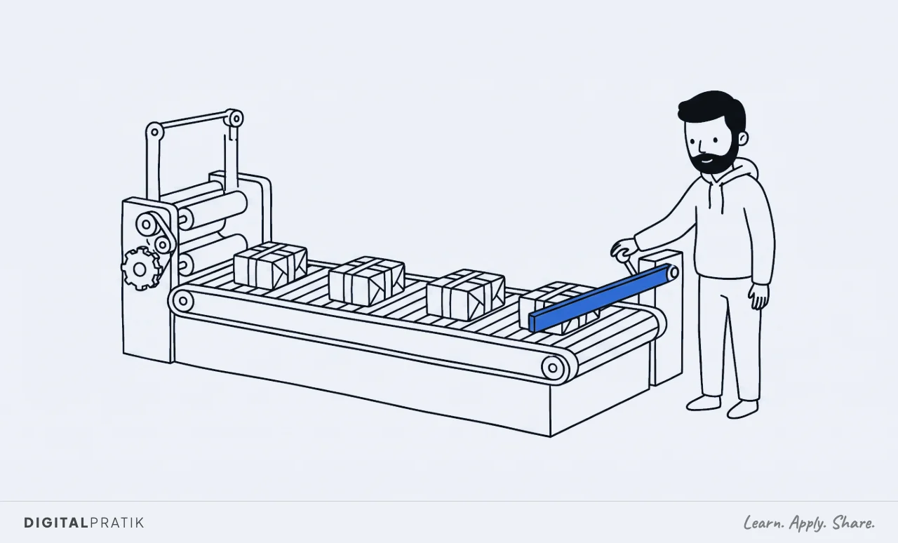 A line drawing of a conveyor belt carrying four wrapped parcels towards a lowered yellow barrier arm, with a machine that packed them at the far end and a man inspecting the front parcel before lifting the barrier.