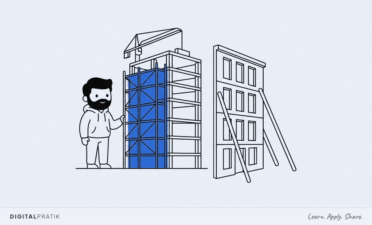 A line drawing comparing two structures. On the left a genuinely half finished building stands in blue scaffolding with a crane above it, and on the right a perfect building facade is revealed at an angle to be a single flat panel propped up by two sticks with nothing behind it.