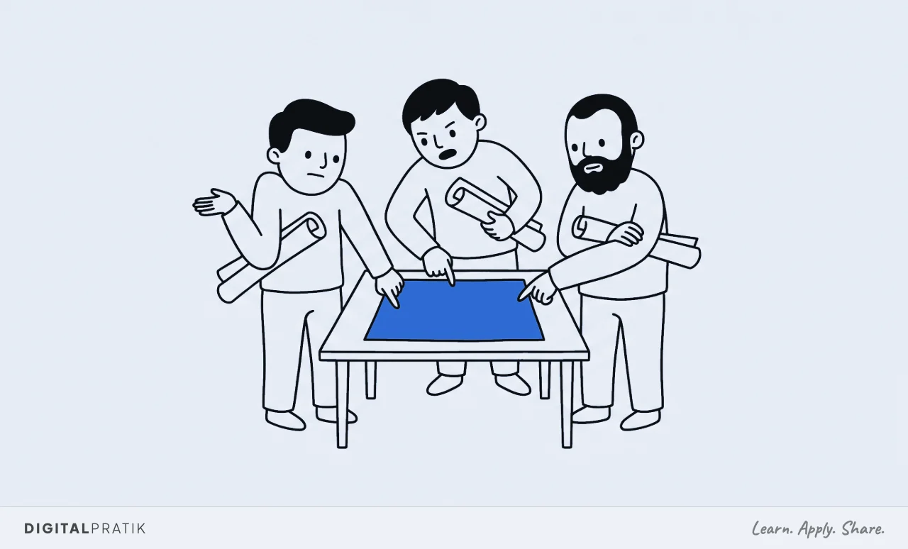 A line drawing of three colleagues standing around a table, each pointing at a different spot on the same blank blue sheet of paper and each holding a different rolled up diagram, plainly disagreeing.
