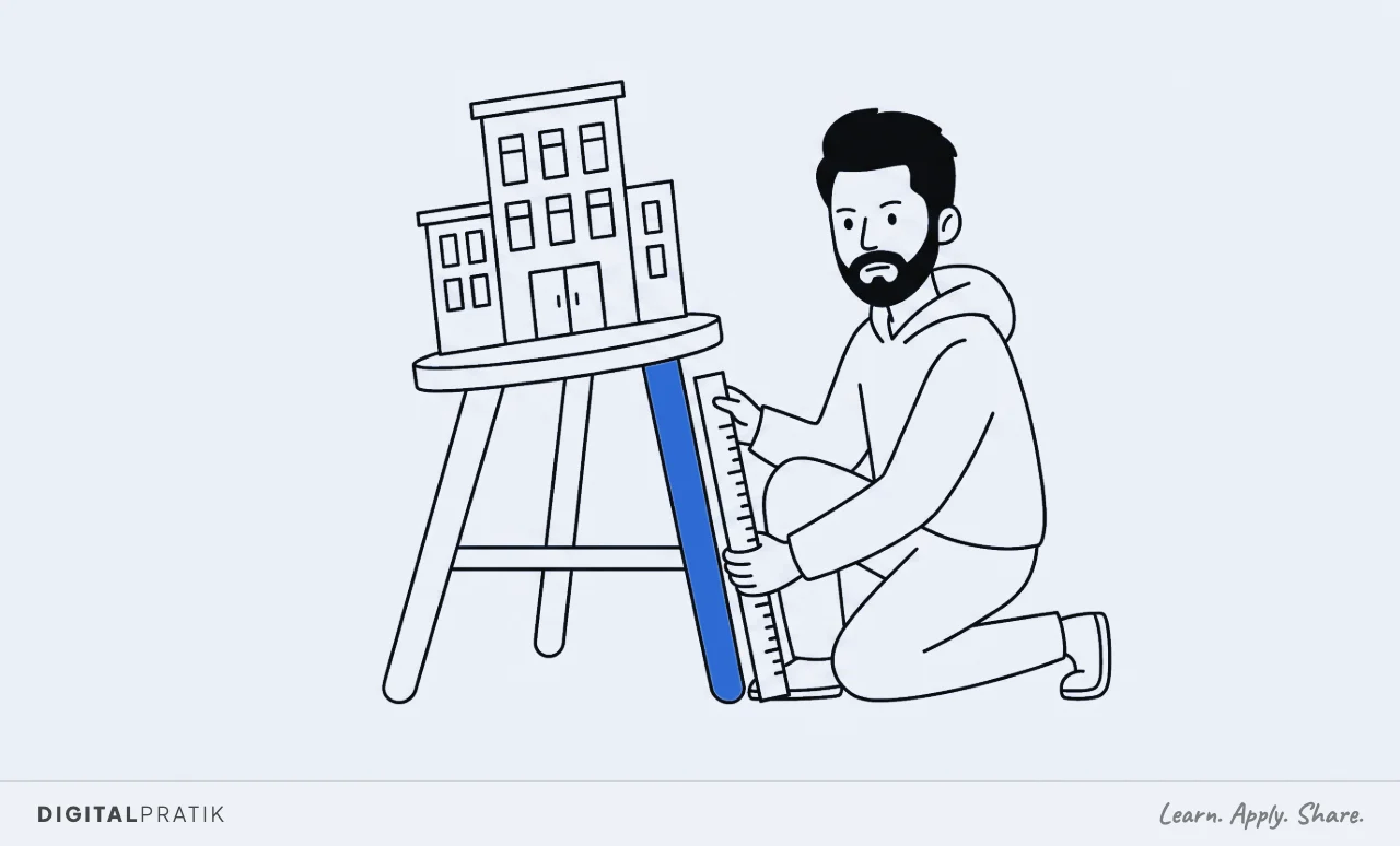 A line drawing of a three legged stool carrying a small office building, tilting because one yellow leg is far shorter than the other two, with a man kneeling to measure the short leg.