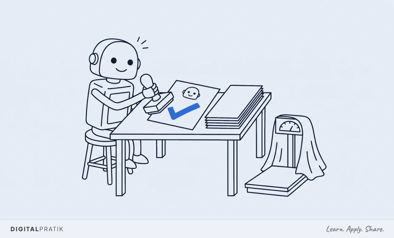A line drawing of a robot at a desk pressing a large yellow tick onto its own report card, looking pleased with itself, while a separate independent weighing scale sits unused and half covered on the floor beside it.