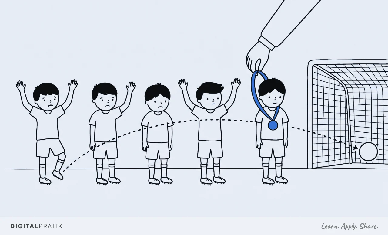 A line drawing of a football pitch with the ball in the net and five players spread along a dotted passing line. A hand hangs a single yellow medal on the player nearest the goal while the other four stand with bare necks, arms out in protest.