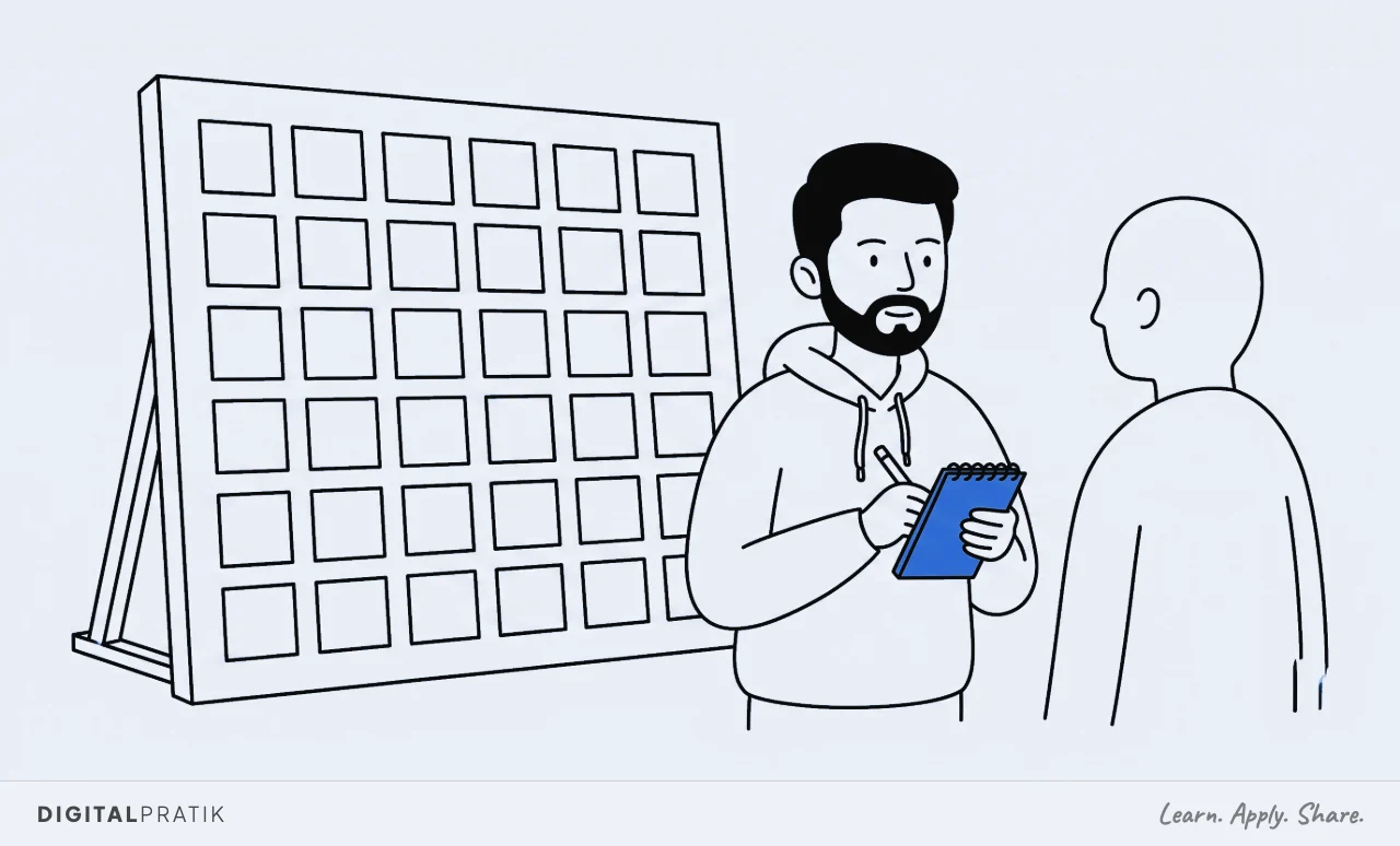 A line drawing of a large grid of empty squares painted on a propped-up stage flat with nothing behind it. A man in a hoodie ignores it entirely and instead holds a small blue notepad, asking somebody directly and writing the answer down.