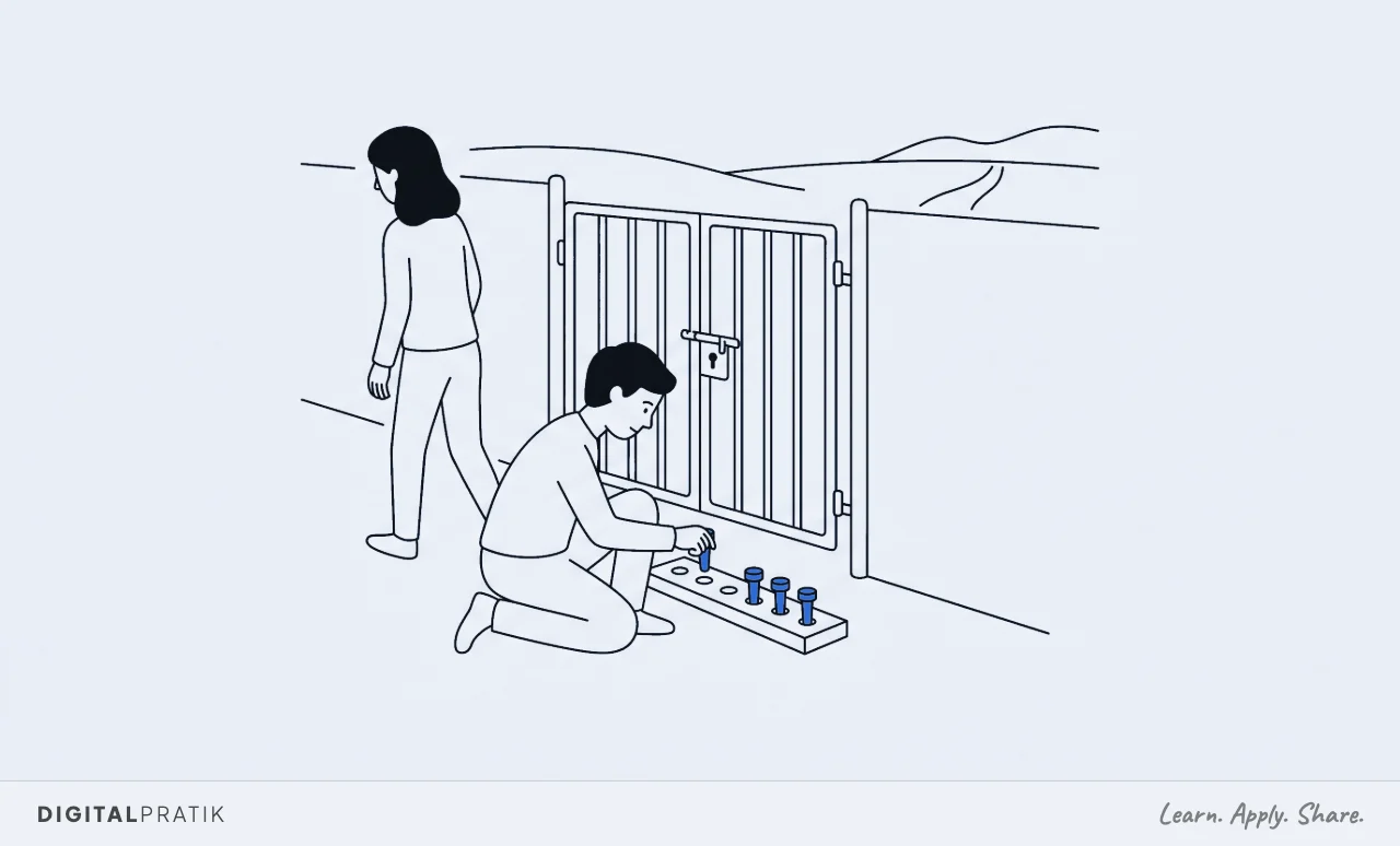 A line drawing of a closed gate with one person crouched in front of it carefully placing small yellow pegs one at a time into a row of holes. Behind them another person has turned away and is walking off.
