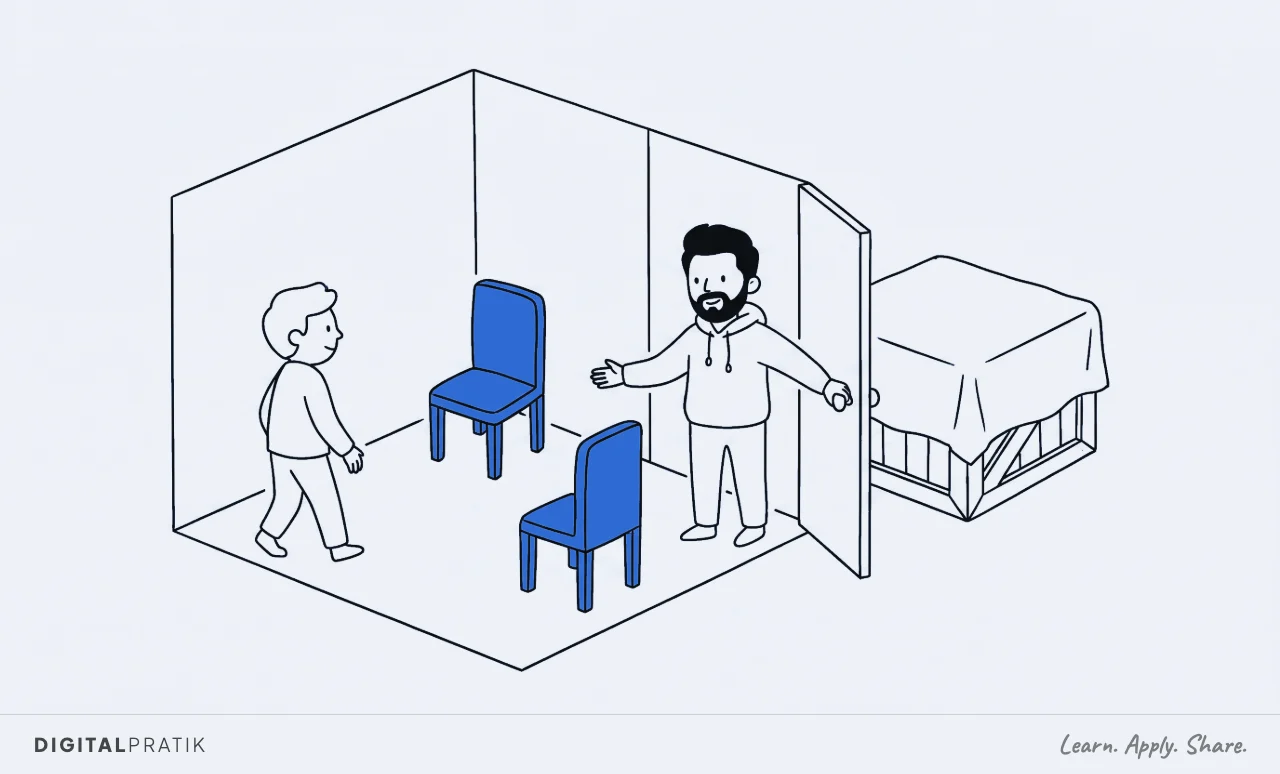 A line drawing of a man in a hoodie holding a door open and gesturing into a small plain room containing nothing but two yellow chairs facing each other. A large crate stays covered and unopened off to one side.