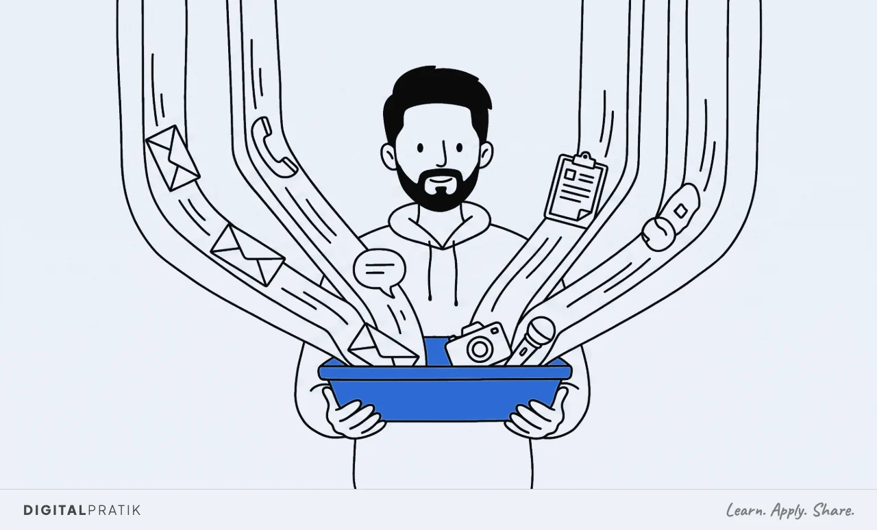 A line drawing of a man calmly holding one blue tray while six separate chutes feed into it from above, each carrying a different item: an envelope, a phone handset, a speech bubble, a form, a camera and a microphone.