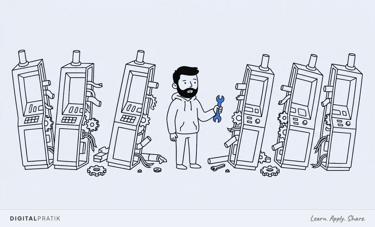 A line drawing of six machines standing in a row, every one of them sliced down the middle with its whole right half missing and severed pipes showing, while a man holding a blue spanner looks between them, unable to choose.