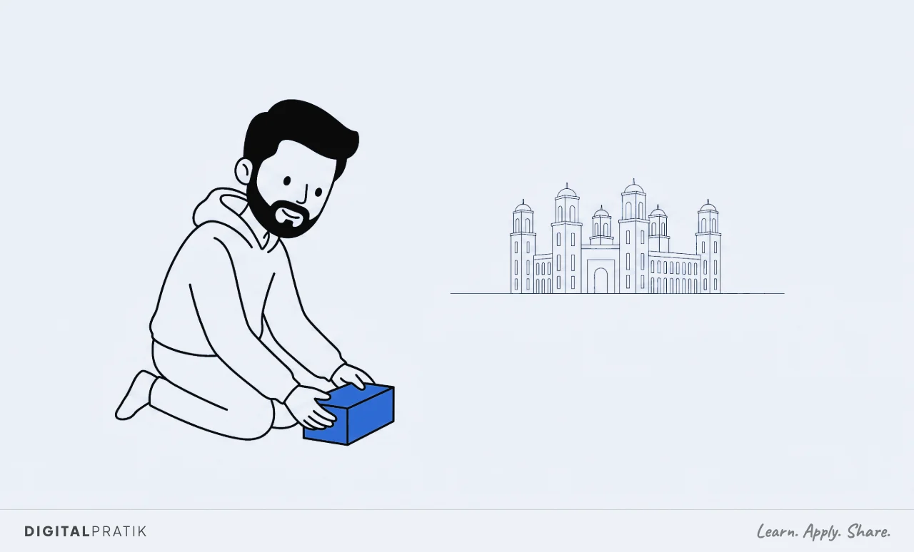 A line drawing of a man kneeling to lay one single yellow brick on bare ground, with an enormous six towered building sketched far behind him in faint outline as a plan rather than a real structure.