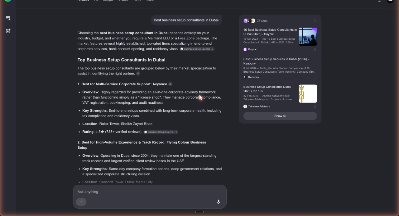 Google AI Mode answering the same question, grouping top consultants by specialism, with a sources panel citing pages titled "10 Best Business Setup Consultants in Dubai 2026" and "Best Business Setup Services in Dubai 2026" from third-party and consultancy sites.