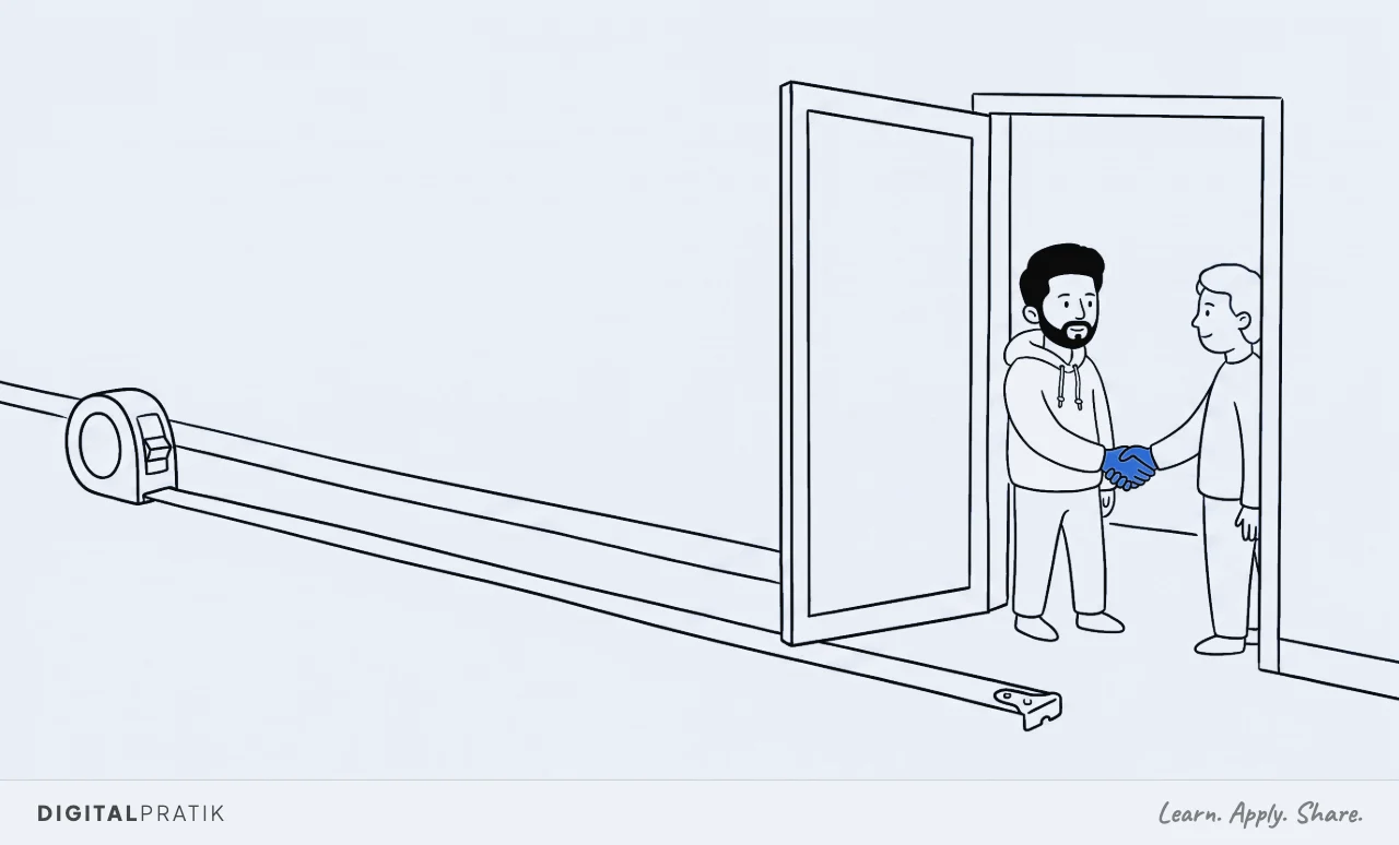 A line drawing of a long measuring tape stretched across the floor that runs out and stops dead at an open doorway. Beyond the door, past where the tape reaches, a man in a hoodie and another person shake hands on a deal, their clasped hands drawn in yellow.