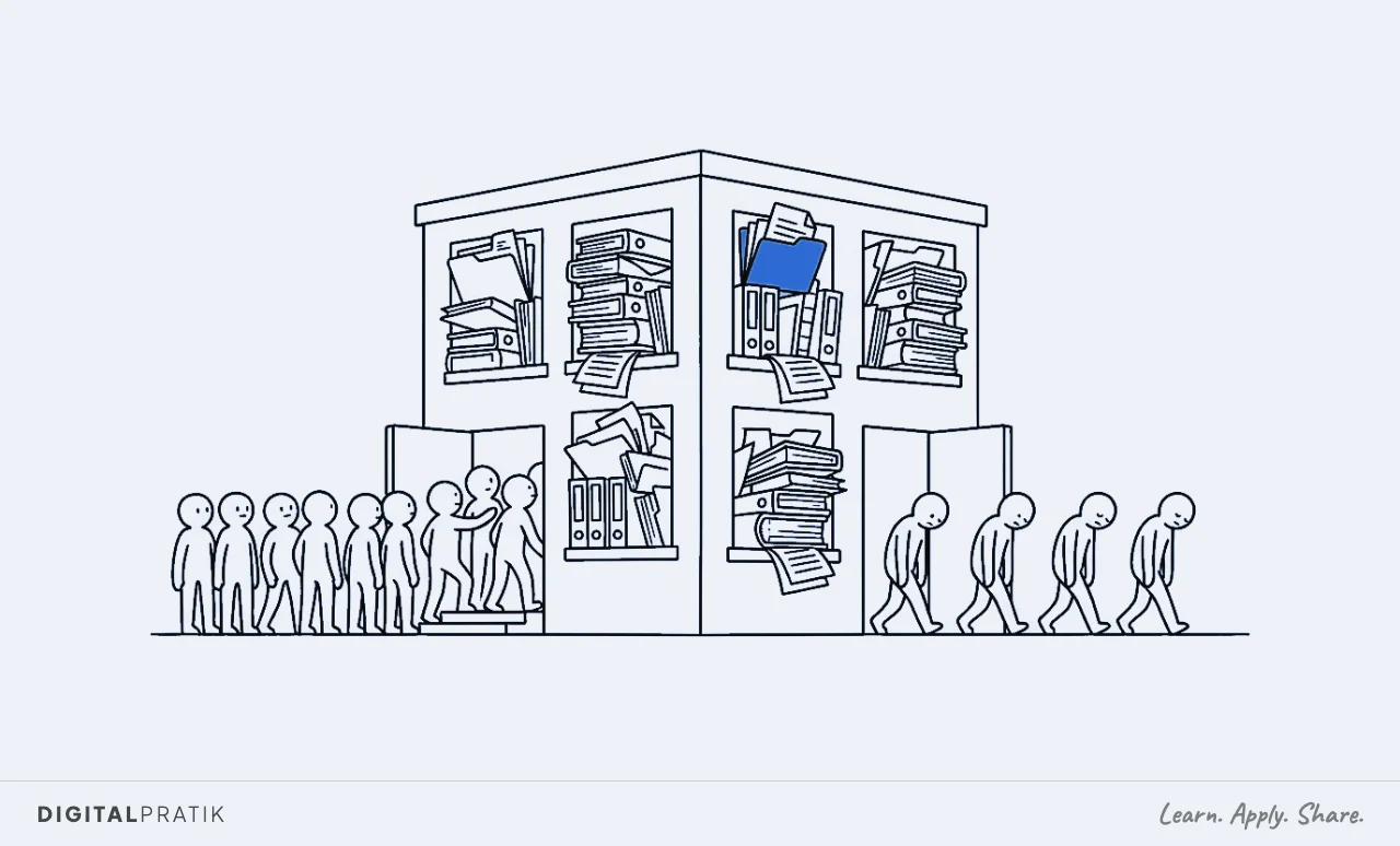 A line drawing of an accounting office whose windows are stuffed floor to ceiling with overflowing folders and tax papers. A stream of clients pours in the front door while a line of clients trudges away from the back door, one folder picked out in blue.