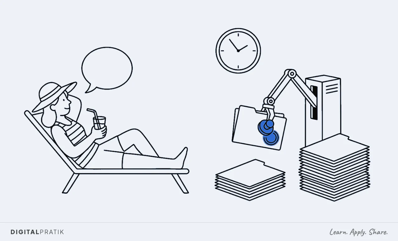 A line drawing of an accountant relaxing in a deckchair with a sun hat and a drink, while beside them an automatic filing machine keeps lifting, stamping and stacking folders on its own beneath a wall clock, the stamp mark picked out in blue.