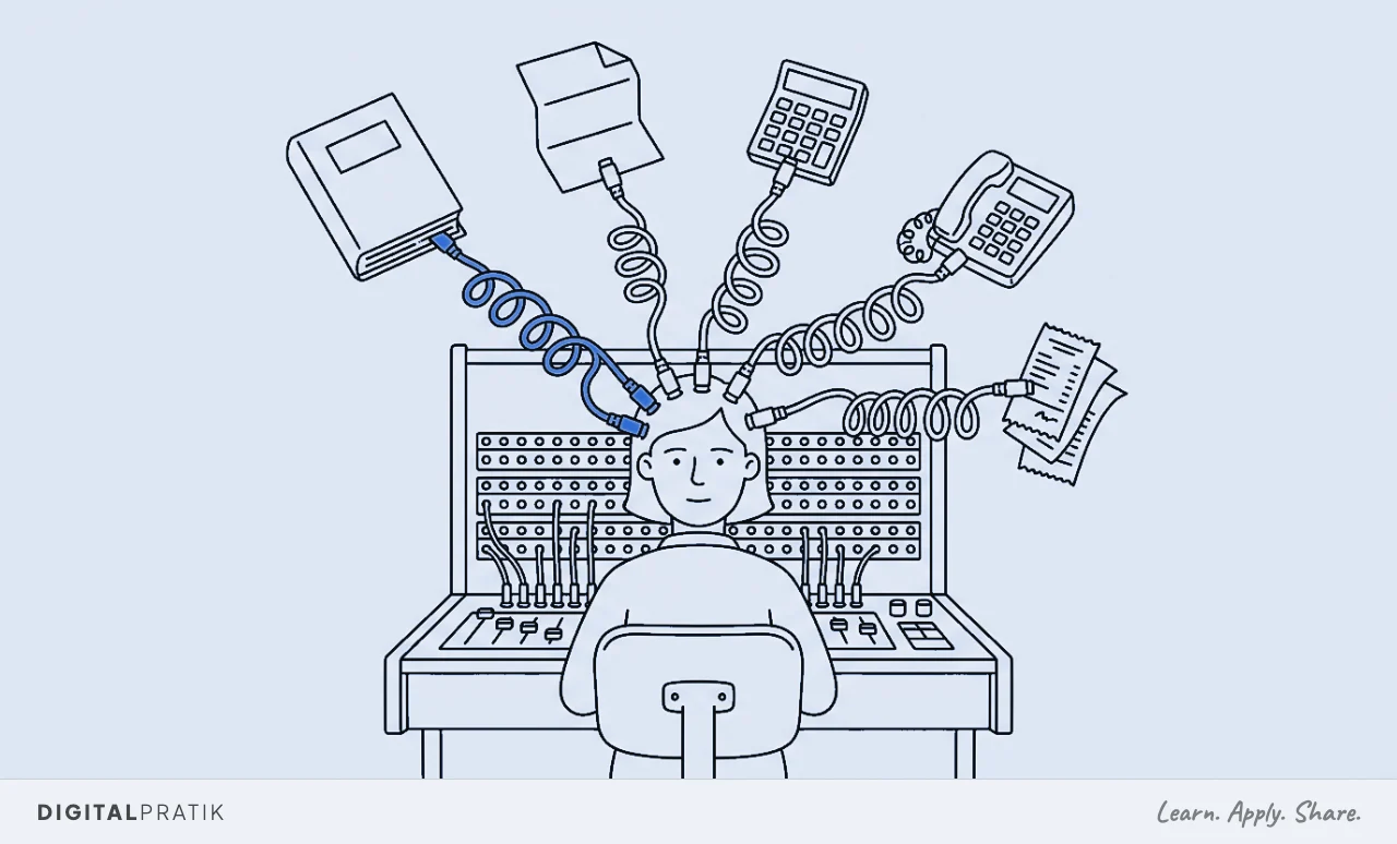 A line drawing of an accountant at an old telephone switchboard where every cable, instead of reaching a socket, plugs straight into their own head. Each cable ends in a ledger book, a tax form, a calculator, a phone and a stack of receipts, with one cable picked out in blue.