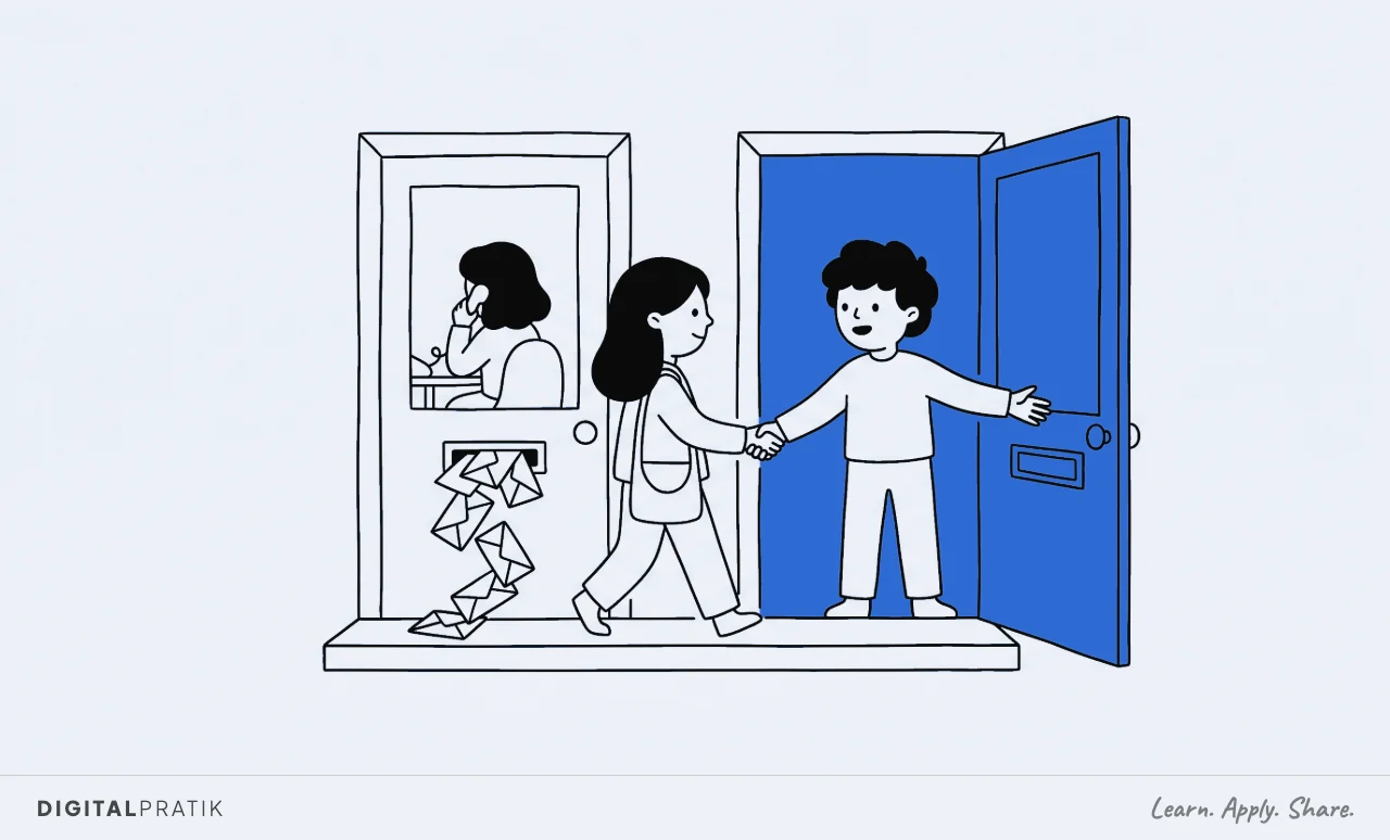 A line drawing of two shopfronts side by side. A customer walks past a closed door whose letterbox is overflowing with envelopes, and shakes the hand of someone waiting in the open yellow doorway next to it.