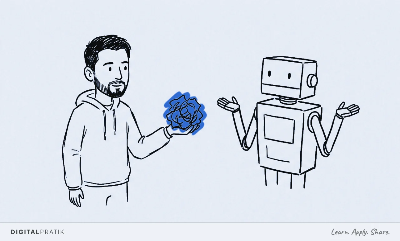 Digital Pratik as an ink doodle holds out a messy scribbled blob toward a simple boxy robot that is shrugging; the blob glows signal yellow.