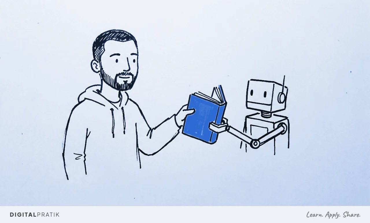 Digital Pratik as an ink doodle presents an open instruction-manual book to a simple robot; the robot reads it and a mechanical arm extends to do the work; the book glows signal yellow.