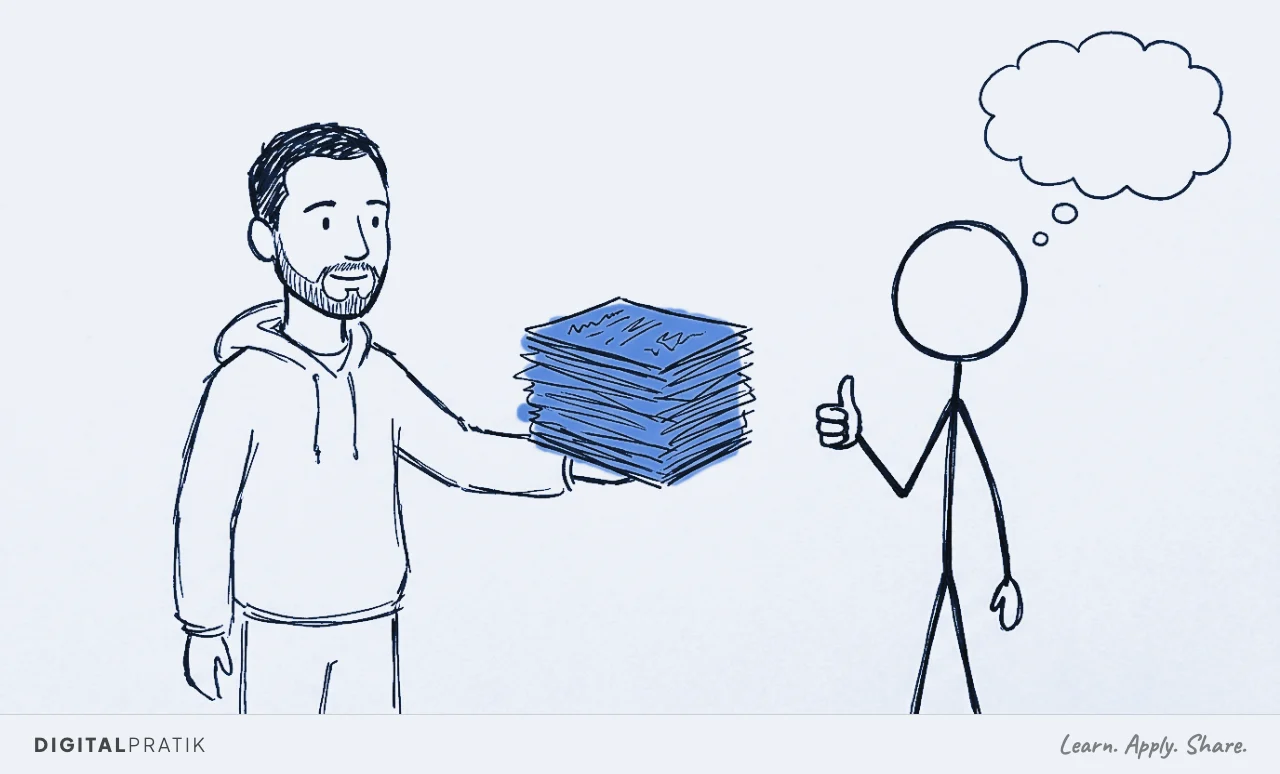 Digital Pratik as an ink doodle hands a thick document stack to a simple stick-figure new hire who gives a thumbs-up with an empty thought bubble showing no questions; the stack glows signal yellow.