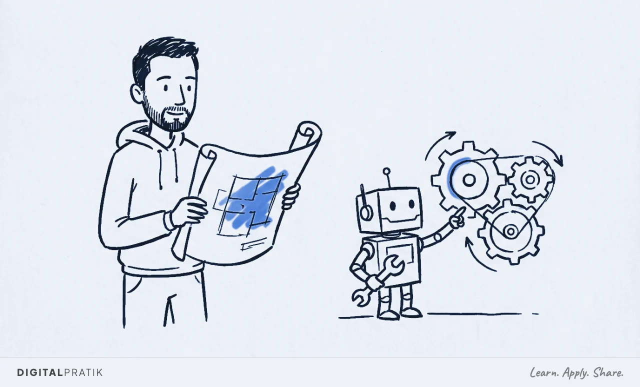 Digital Pratik as an ink doodle holds a large blueprint while a simple robot on the right uses the blueprint to assemble a gear system; the blueprint glows signal yellow.