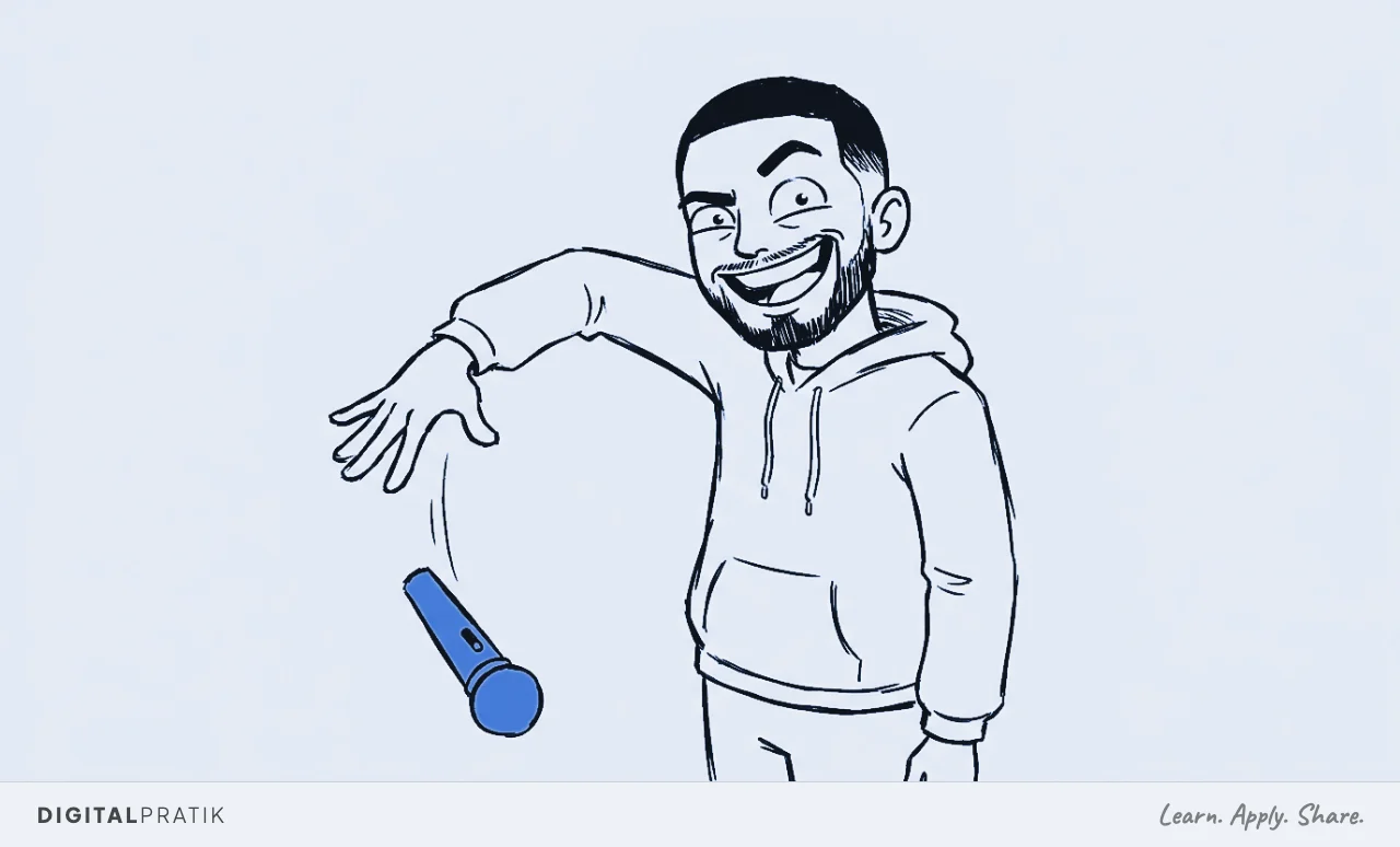A simple hand-drawn ink doodle on warm ivory paper showing Digital Pratik, a person with short dark hair, a trimmed beard, and a plain white hoodie, standing with one arm lazily extended downward, fingers fanned open, in a classic mic drop. His face has a massive lopsided grin and one eyebrow raised comically high, with wide gleaming eyes radiating total smug satisfaction, like someone who just explained everything and refuses to add another word. The falling microphone is drawn in bright signal yellow. Everything else is near-black ink on ivory.