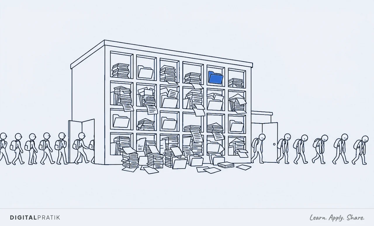 A line drawing of a college building whose windows are stuffed floor to ceiling with overflowing application folders. A stream of applicants pours in the front door while a line of accepted students trudges away from the back door unenrolled, one folder picked out in blue.