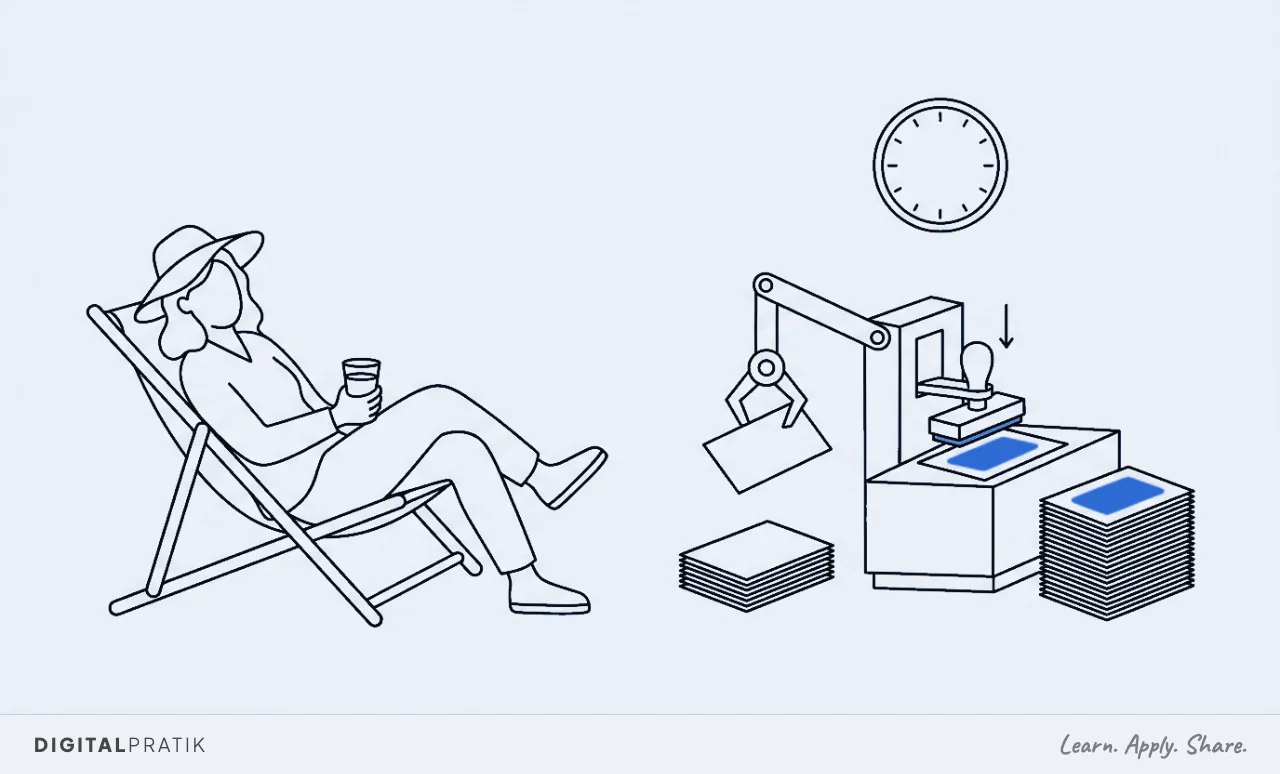 A line drawing of a college director relaxing in a deckchair with a sun hat and a drink, while beside them an automatic machine stamps enrolment forms and stacks them on its own beneath a wall clock, the stamp mark picked out in blue.