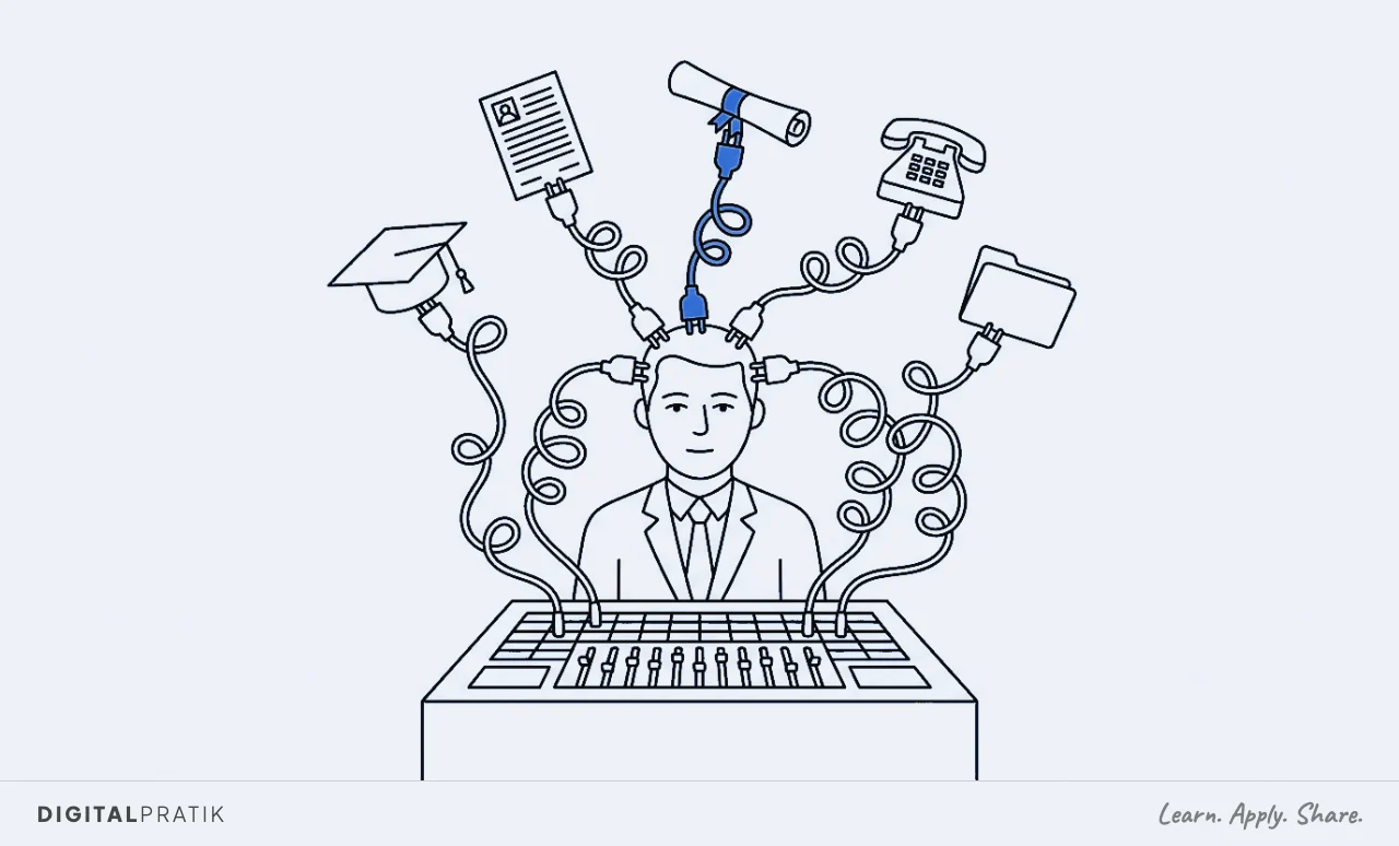 A line drawing of a college founder at an old telephone switchboard where every cable, instead of reaching a socket, plugs straight into their own head. Each cable ends in an application form, an offer letter, a deposit slip, a signed enrolment form and a student file, with one cable picked out in blue.