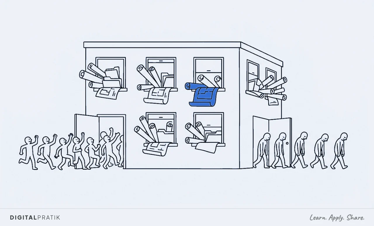 A line drawing of a construction site office whose windows are stuffed floor to ceiling with overflowing drawing tubes, RFI folders and certificates. A stream of new clients pours in the front door while a line of clients trudges away from the back door carrying unfinished snagging lists, one drawing tube picked out in blue.
