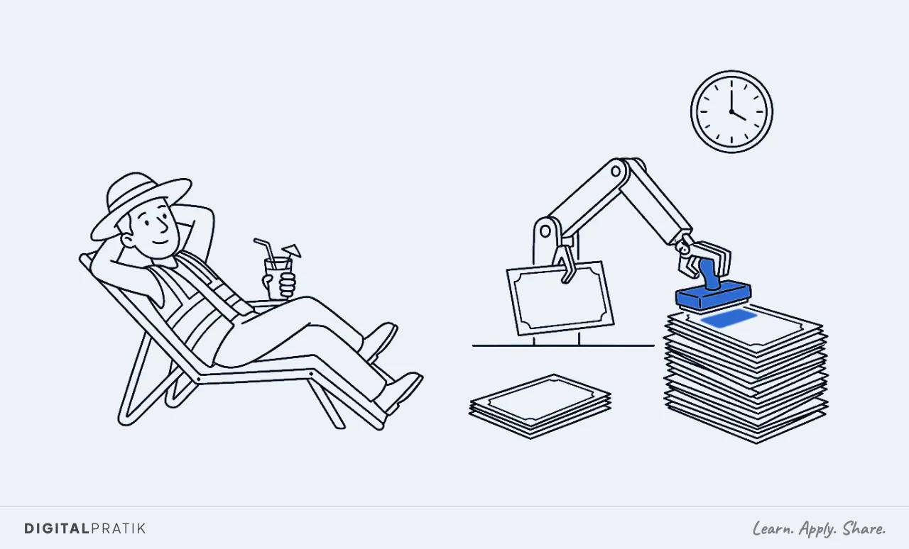 A line drawing of a construction project manager relaxing in a deckchair with a sun hat and a drink, while beside them an automatic machine stamps completion certificates and stacks them on its own beneath a wall clock, the stamp mark picked out in blue.