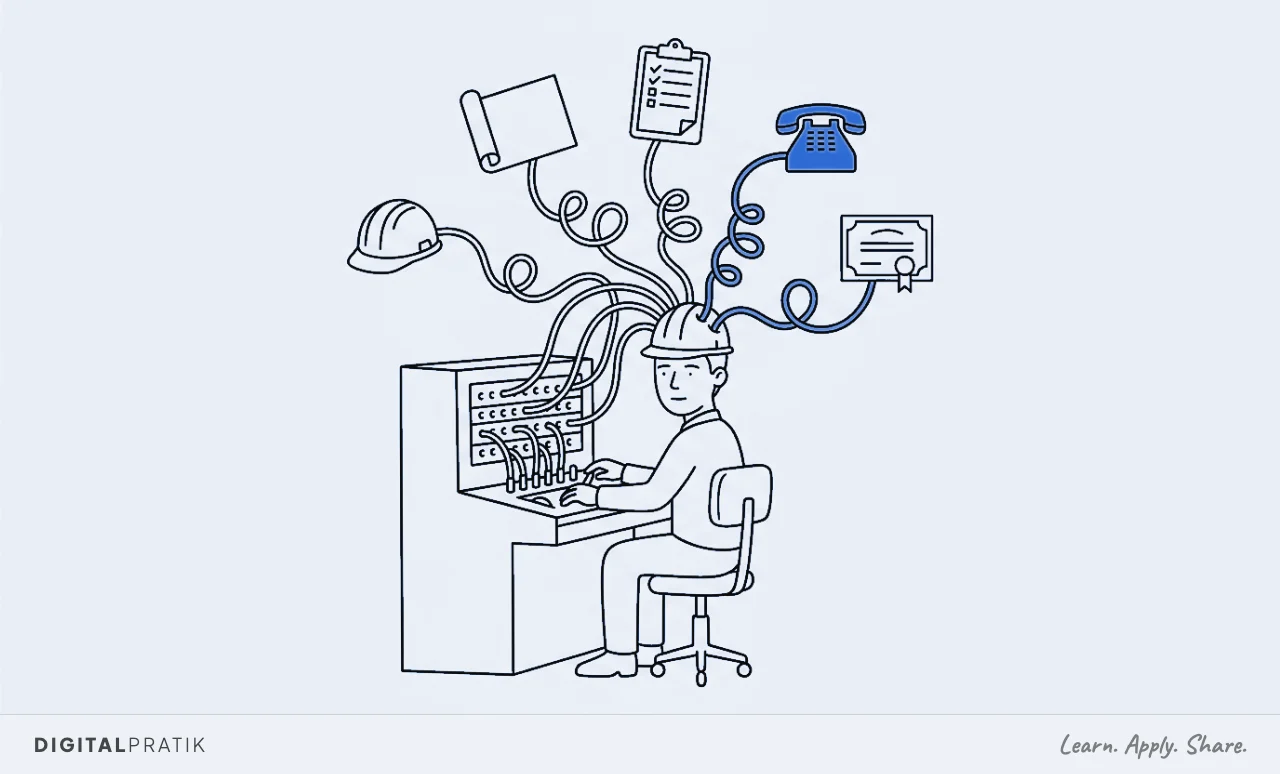 A line drawing of a site manager at an old telephone switchboard where every cable, instead of reaching a socket, plugs straight into their own head. Each cable ends in a rolled drawing, a hard hat, an inspection clipboard, a phone and a stack of certificates, with one cable picked out in blue.