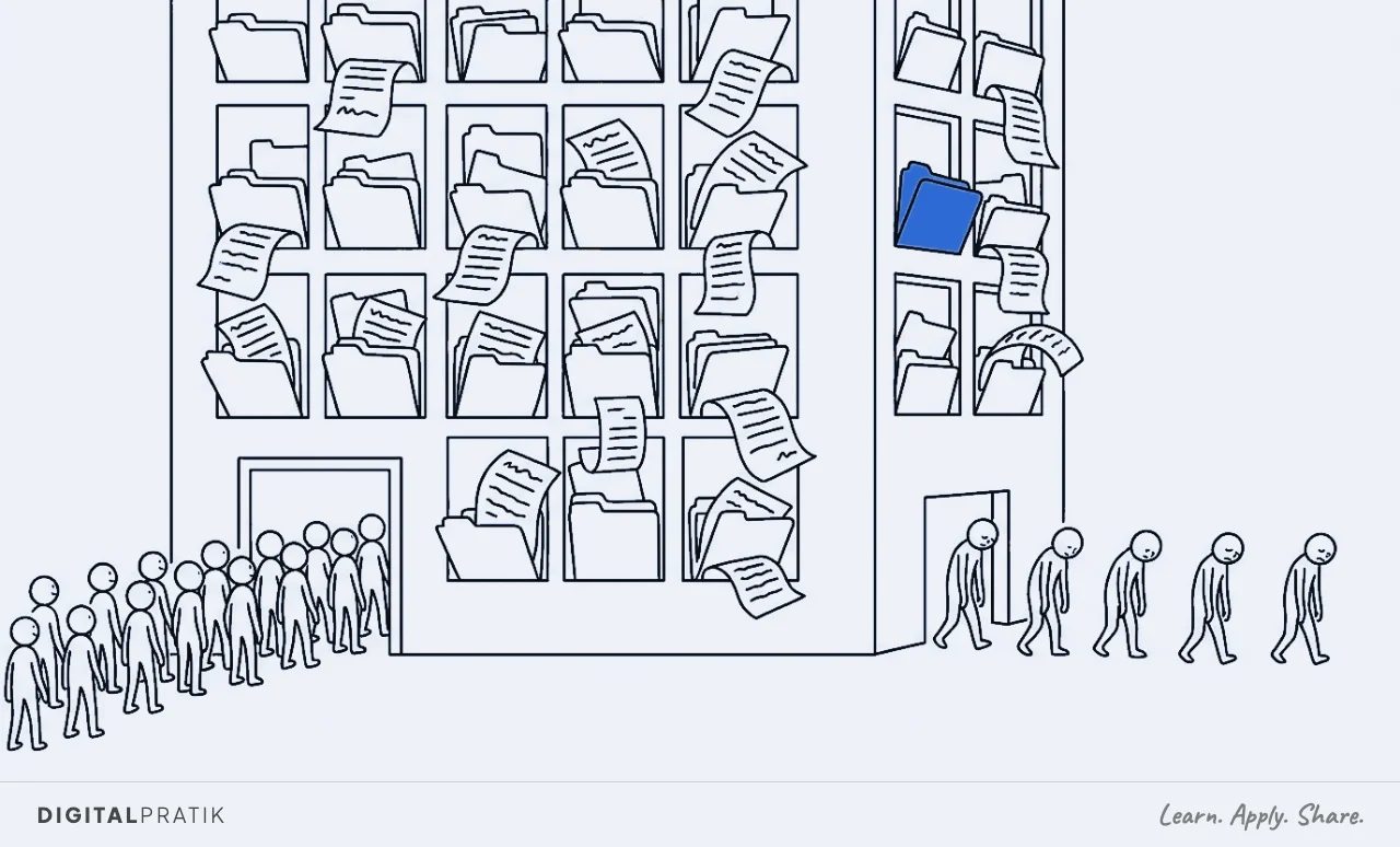 A line drawing of a coworking space whose walls are stuffed floor to ceiling with overflowing member folders and unpaid invoices. A stream of new members pours in the front door while a quiet line of members slips away out the back door, one folder picked out in blue.