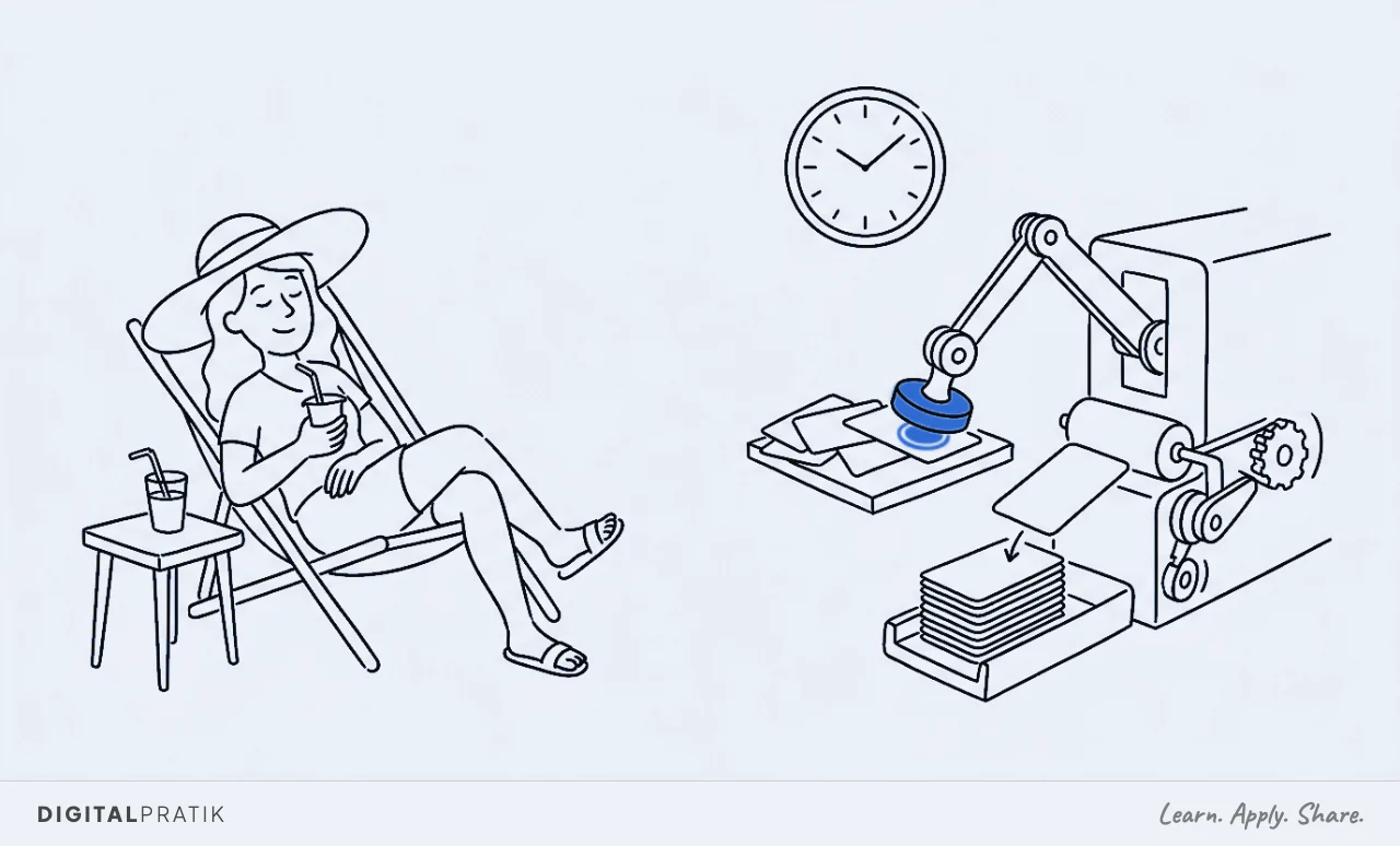 A line drawing of a coworking-space manager relaxing in a deckchair with a sun hat and a drink, while beside them an automatic machine stamps access cards and stacks them on its own beneath a wall clock, the stamp mark picked out in blue.