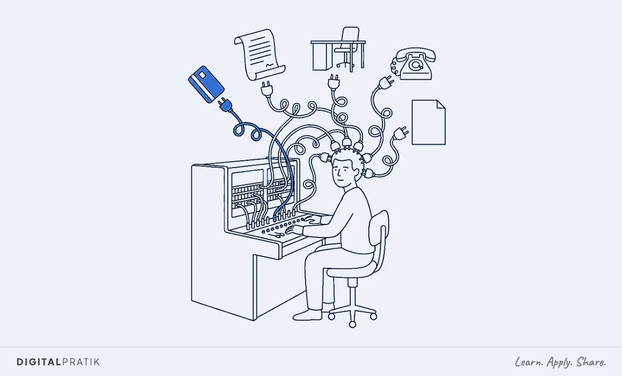 A line drawing of a coworking-space founder sitting at an old telephone switchboard where every cable, instead of reaching a socket, plugs straight into their own head. Each cable ends in an access card, a membership contract, a meeting-room key, a printer and a coffee cup, with one cable picked out in blue.
