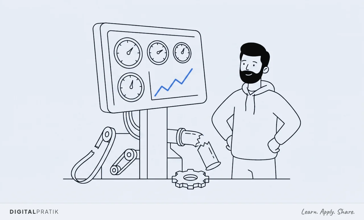 A line drawing of a man admiring a large instrument panel with four dials and a neat rising yellow chart line, while directly beneath it the machinery it reports on lies wrecked, with a snapped belt and a cog on the floor.