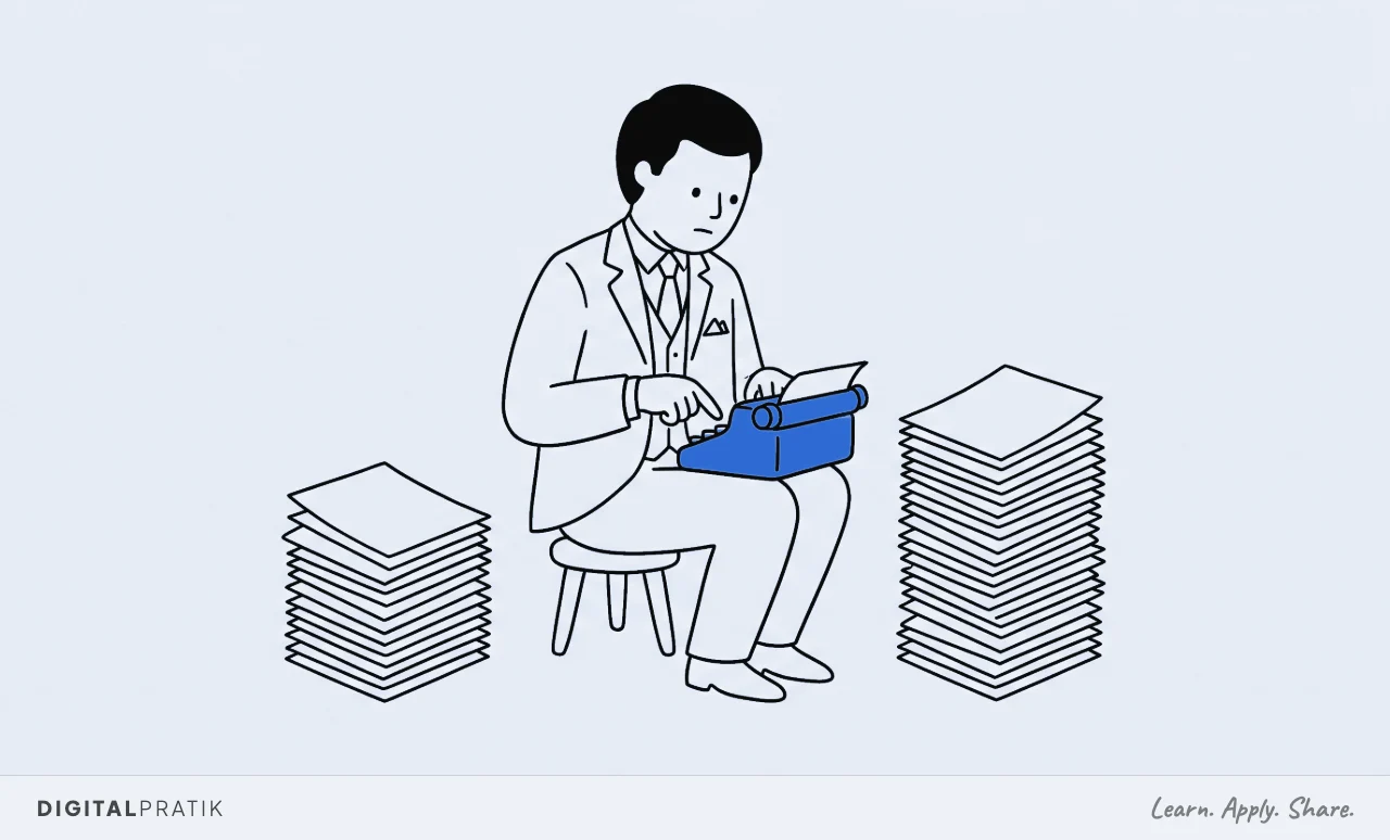 A line drawing of a senior professional in an expensive three piece suit hunched on a small stool, pecking one finger at a tiny yellow typewriter, with a stack of blank templates on one side and a taller stack of finished copies on the other.