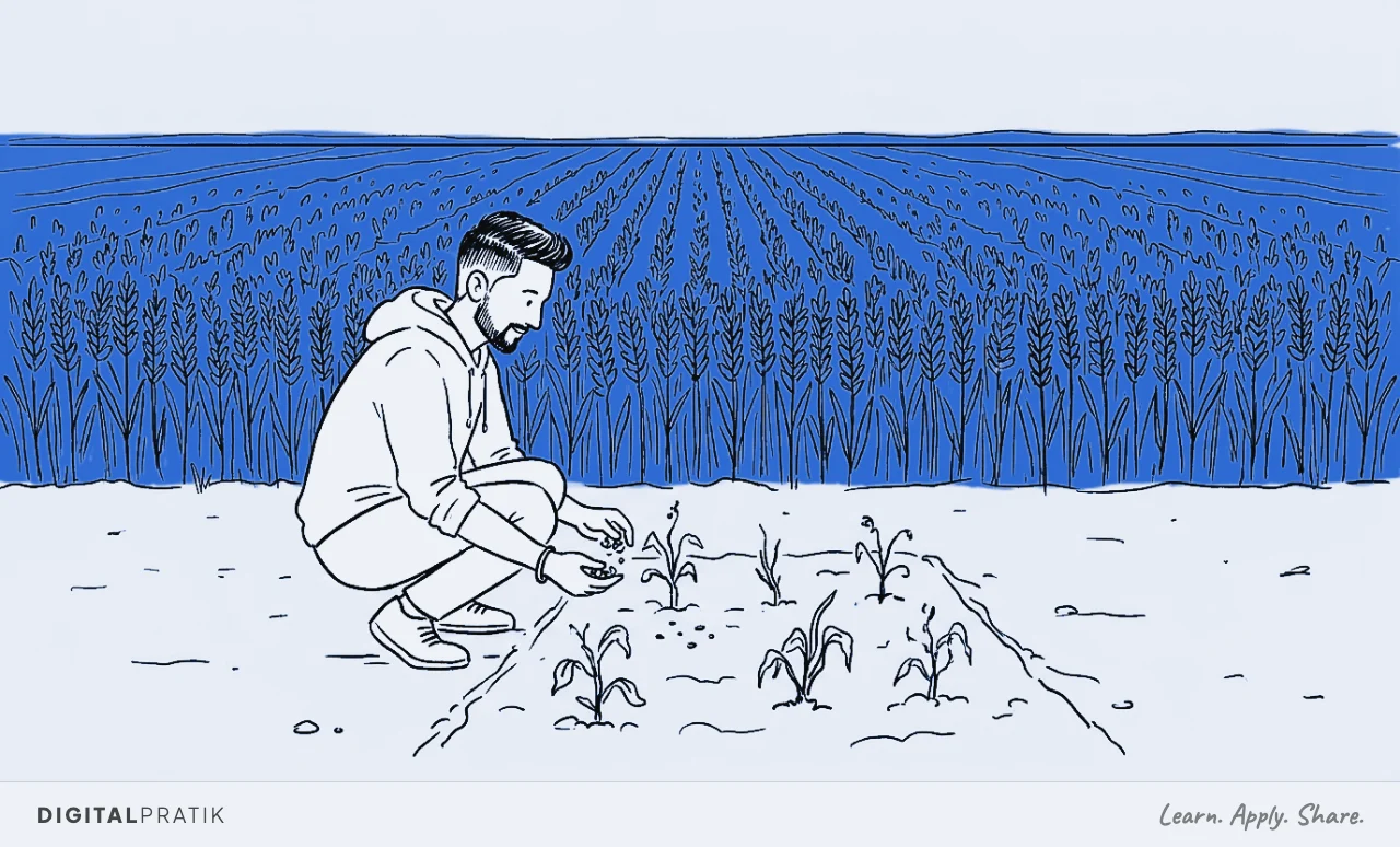 A simple ink doodle figure crouching over a tiny, nearly empty garden plot in the foreground, while a vast signal-yellow field of untouched crops stretches across the background behind him.