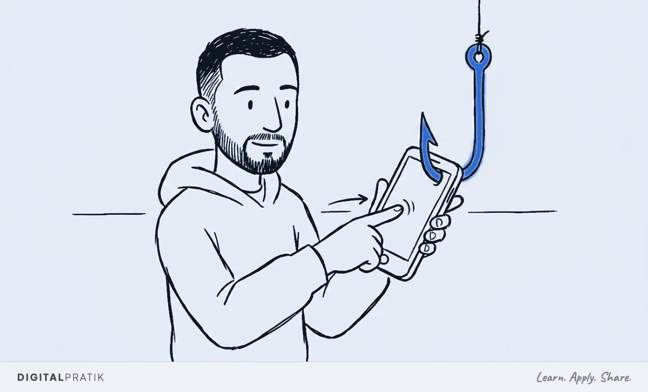 A simple ink doodle figure holding a phone with thumb mid-swipe, frozen in place as a large signal-yellow fishhook has snagged and stopped the thumb from scrolling further.