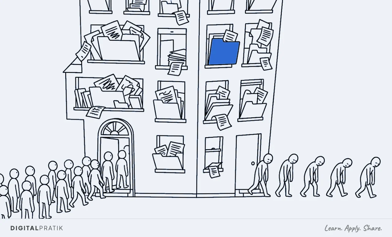 A line drawing of a homeopathy clinic whose windows are stuffed floor to ceiling with overflowing case folders and intake forms. A stream of new patients pours in the front door while a line of patients drifts away from the back door, one folder picked out in blue.