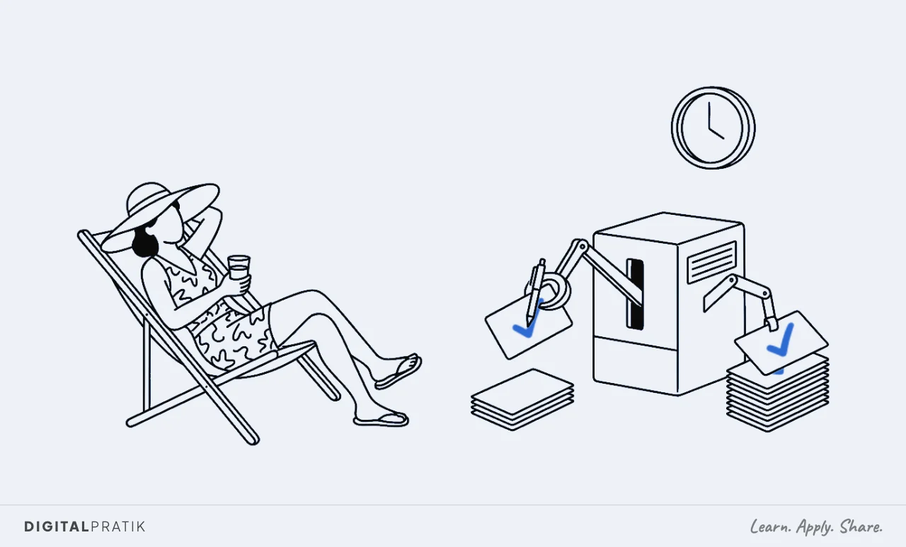 A line drawing of a homeopath relaxing in a deckchair with a sun hat and a drink, while beside them an automatic machine ticks follow-up cards and stacks them on its own beneath a wall clock, the tick mark picked out in blue.