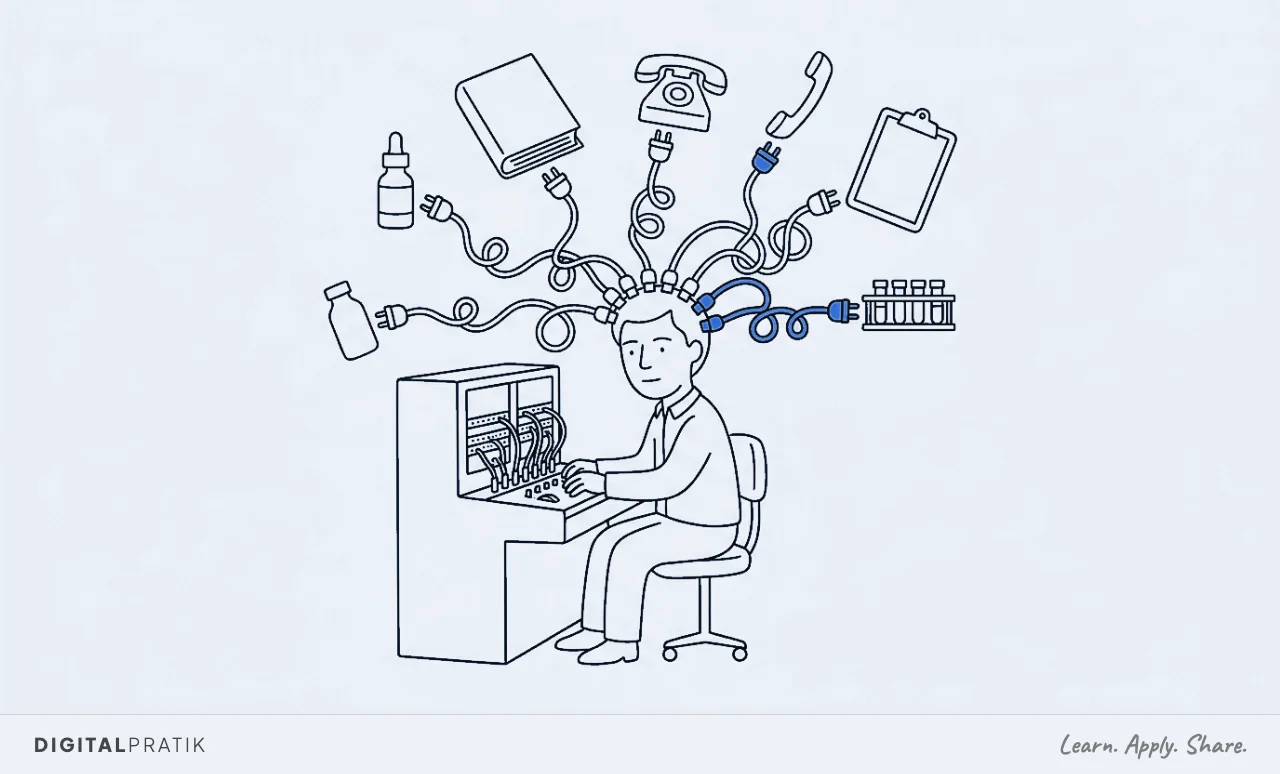 A line drawing of a homeopath at an old telephone switchboard where every cable, instead of reaching a socket, plugs straight into their own head. Each cable ends in an intake form, a remedy bottle, a case-notes folder, a phone and a calendar, with one cable picked out in blue.