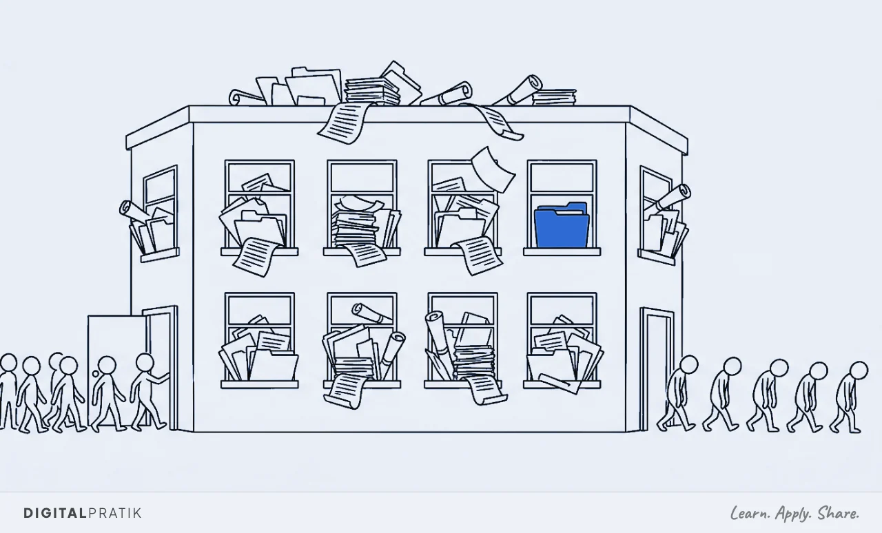 A line drawing of a law office whose windows are stuffed floor to ceiling with overflowing case files and bundles of documents. A stream of clients pours in the front door while a line of clients trudges away from the back door, one case file picked out in blue.