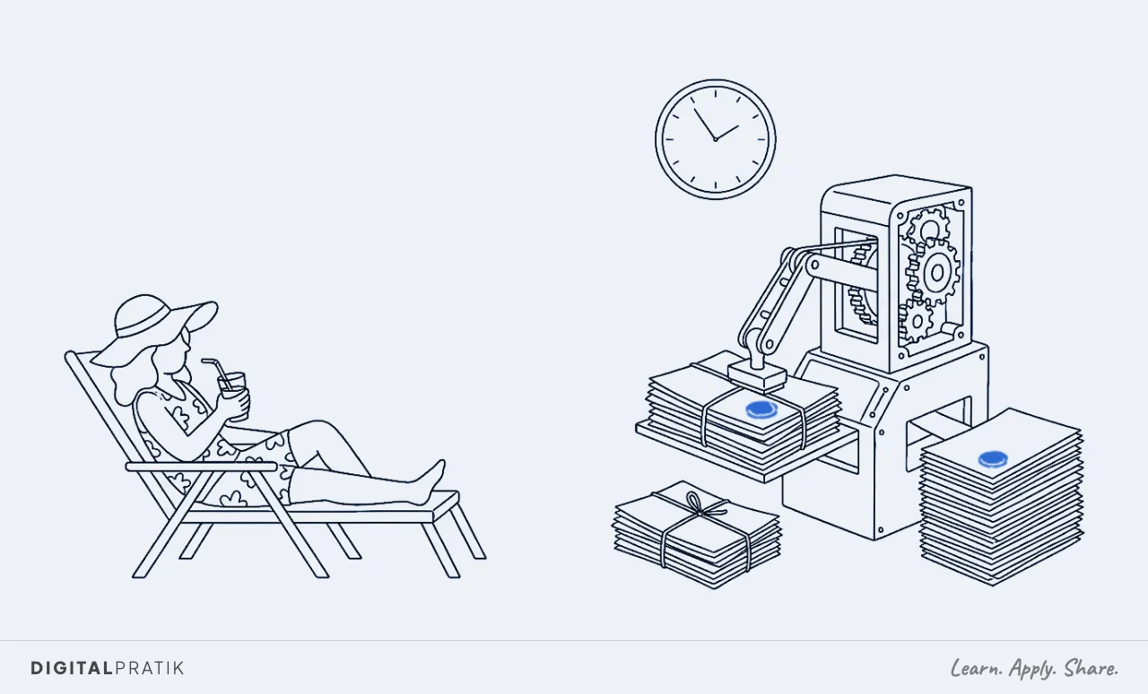 A line drawing of a lawyer relaxing in a deckchair with a sun hat and a drink, while beside them an automatic machine keeps lifting, stamping and stacking tied document bundles on its own beneath a wall clock, the stamp mark picked out in blue.