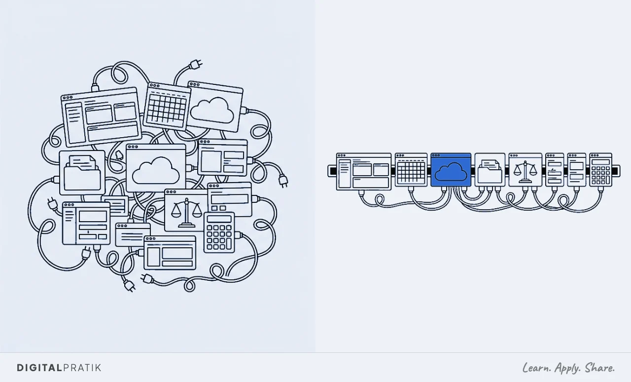 A line drawing split in two. On the left a tangled heap of a dozen mismatched legal apps, a diary, a billing tool, a cloud, a folder, a bundle, each trailing its own cable. On the right, neat identical modules clipped along one long blue rail.