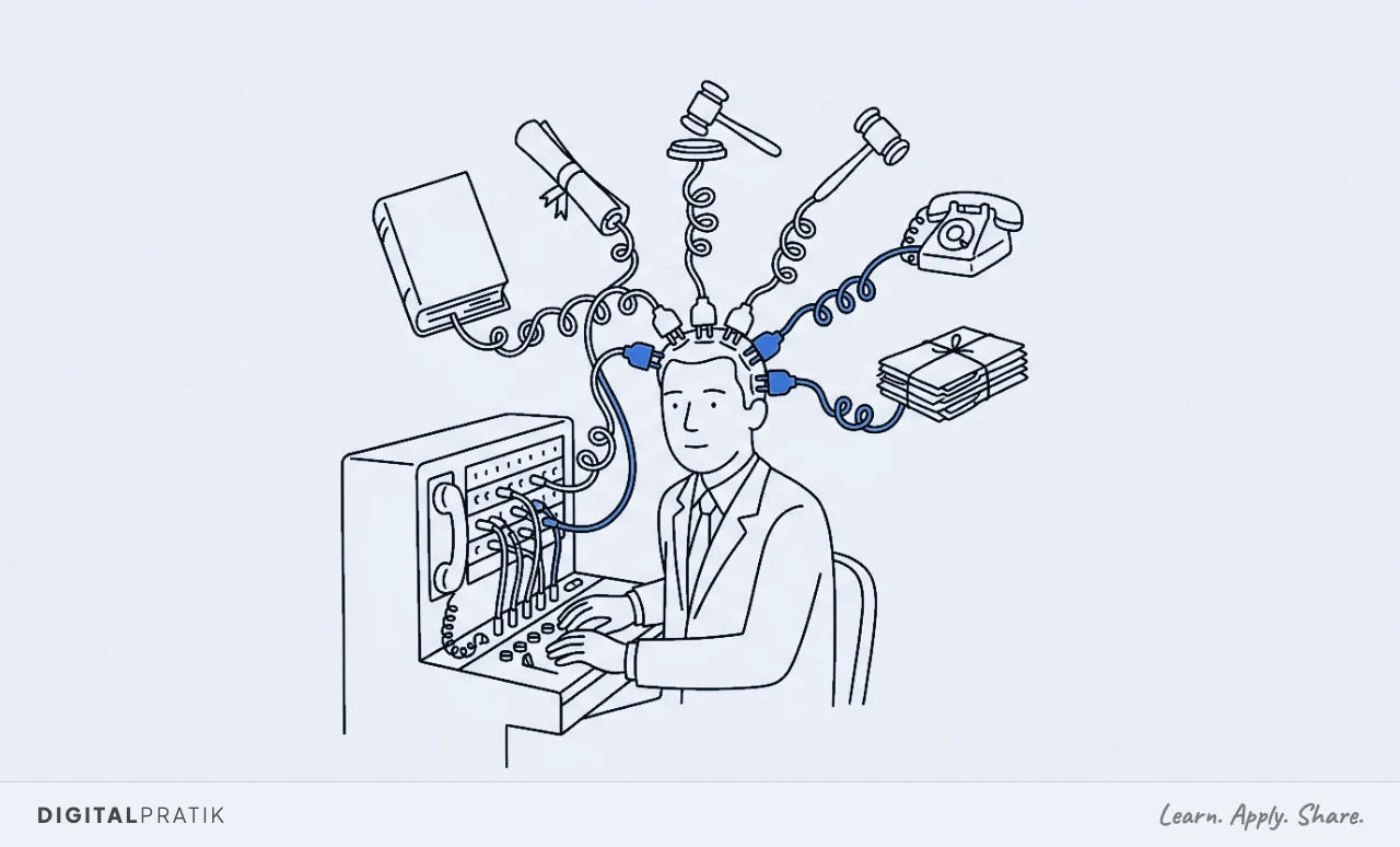 A line drawing of a lawyer at an old telephone switchboard where every cable, instead of reaching a socket, plugs straight into their own head. Each cable ends in a case file, a court date, a gavel, a phone and a bundle of documents, with one cable picked out in blue.