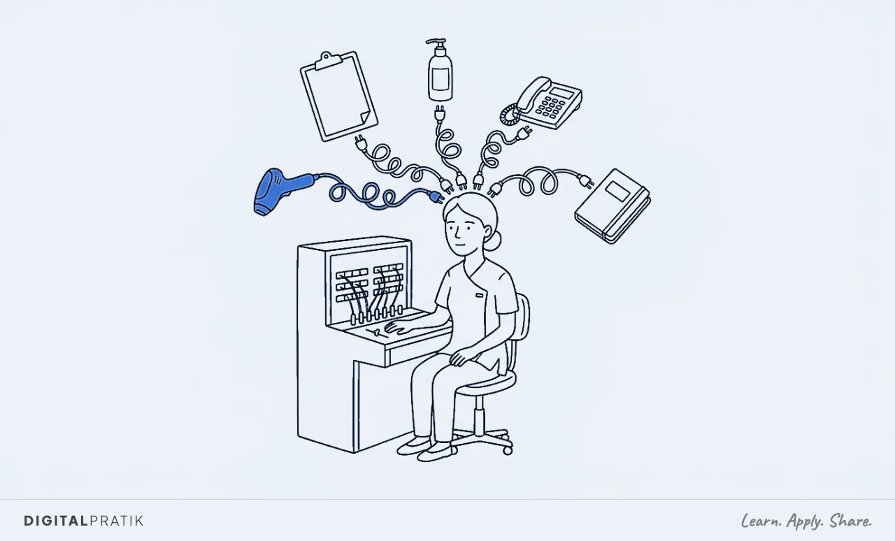 A line drawing of a med spa owner at an old telephone switchboard where every cable, instead of reaching a socket, plugs straight into their own head. Each cable ends in a consent form, a syringe, a laser handpiece, a membership card and a stack of before-and-after photos, with one cable picked out in blue.