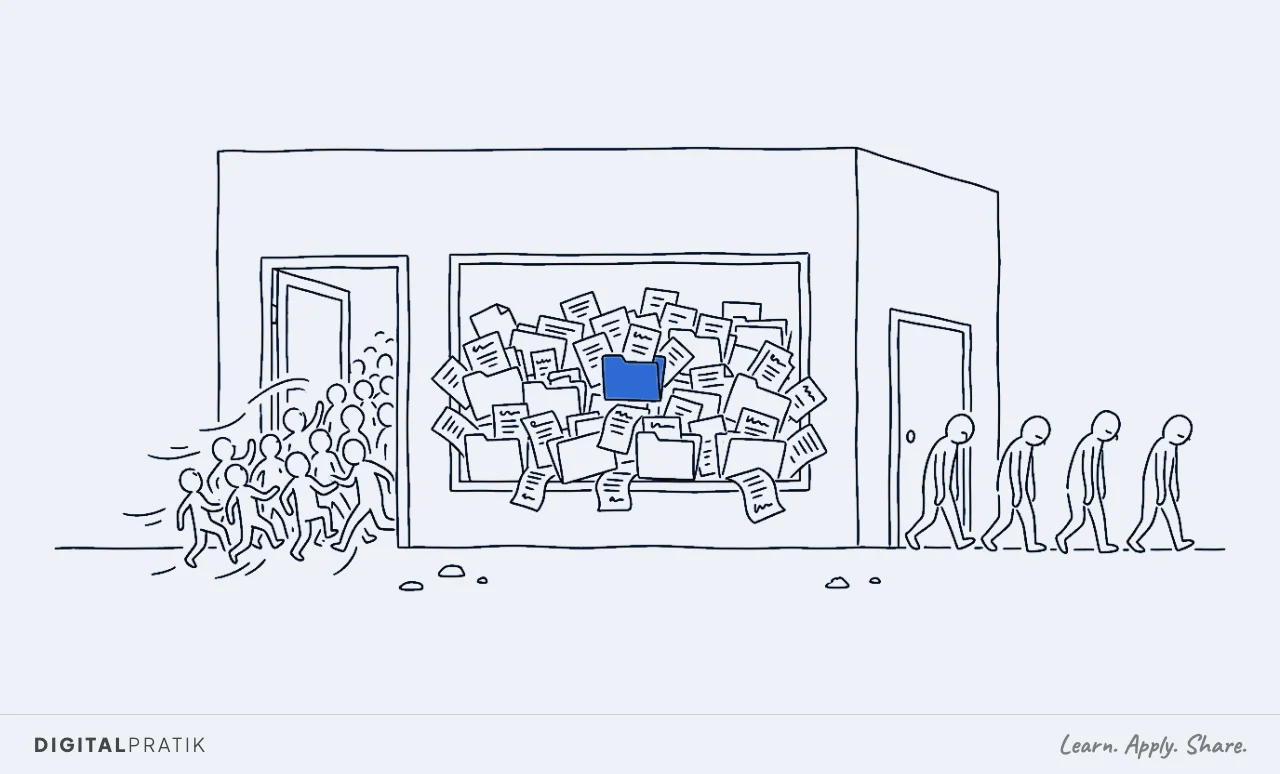 A line drawing of a busy nutrition club whose shelves are stuffed with product tubs and stacks of membership forms. A stream of new members pours in the front door while a line of members trudges quietly out the back door, one shaker bottle among the leaving members picked out in blue.